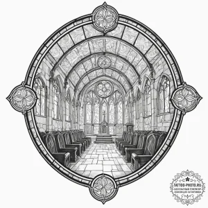 The inside of an old, abandoned church, with... - эскиз тату (№1752116075_0, 10.07.2025 02:54) — tattoo-photo.ru