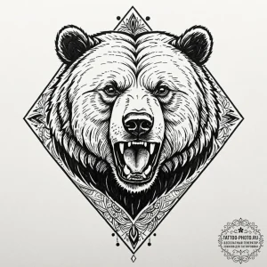 Tattoo sketch a bear's head roaring, with tri... - эскиз тату (№1752116913_0, 10.07.2025 03:08) — tattoo-photo.ru