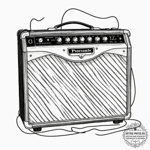 A close-up of a guitar amplifier, showing the... - эскиз тату (№1752118709_0, 10.07.2025 03:38) — tattoo-photo.ru