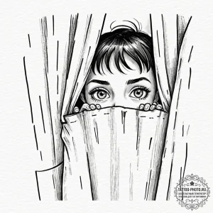 A close-up of a child's face peeking from beh... - эскиз тату (№1752118789_0, 10.07.2025 03:39) — tattoo-photo.ru
