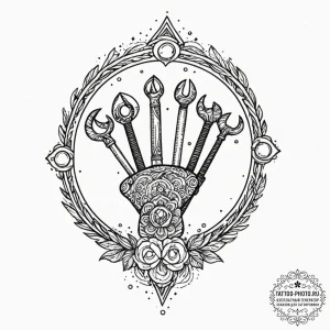 Tattoo sketch: a celestial blacksmith's tools... - эскиз тату (№1752123878_0, 10.07.2025 05:04) — tattoo-photo.ru