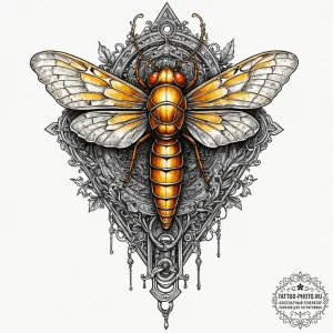 Tattoo design a cicada perched on an old, dis... - эскиз тату (№1752124128_0, 10.07.2025 05:08) — tattoo-photo.ru