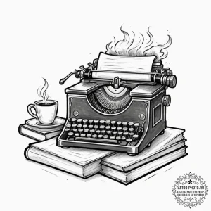 A cozy, messy writer's desk with a vintage ty... - эскиз тату (№1752124879_0, 10.07.2025 05:21) — tattoo-photo.ru