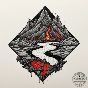 Tattoo sketch a volcanic landscape with glowi... - эскиз тату (№1752127565_0, 10.07.2025 06:06) — tattoo-photo.ru