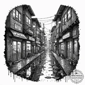 Tattoo sketch a cyberpunk alleyway with neon... - эскиз тату (№1752127731_0, 10.07.2025 06:08) — tattoo-photo.ru