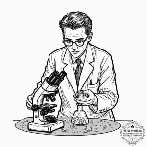 A scientist in a lab coat, looking at a petri... - эскиз тату (№1752130506_0, 10.07.2025 06:55) — tattoo-photo.ru