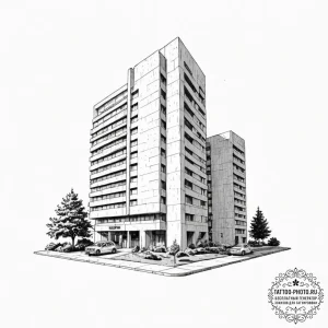 The stark, brutalist architecture of a govern... - эскиз тату (№1752131179_0, 10.07.2025 07:06) — tattoo-photo.ru
