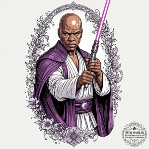 Graphic novel art of mace windu with his purp... - эскиз тату (№1752133673_0, 10.07.2025 07:47) — tattoo-photo.ru