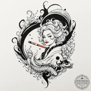 A trash polka tattoo of cruella de vil, with... - эскиз тату (№1752134928_0, 10.07.2025 08:08) — tattoo-photo.ru
