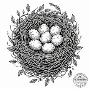 A bird's nest with small, speckled eggs., ink... - эскиз тату (№1752138315_0, 10.07.2025 09:05) — tattoo-photo.ru