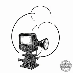 A shot from behind a movie projector in an ol... - эскиз тату (№1752139401_0, 10.07.2025 09:23) — tattoo-photo.ru