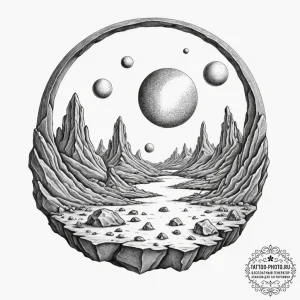 Tattoo sketch an alien landscape with strange... - эскиз тату (№1752140283_0, 10.07.2025 09:38) — tattoo-photo.ru