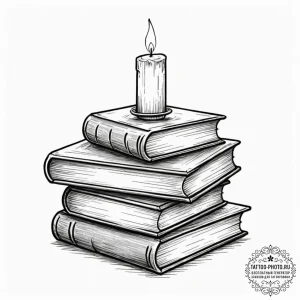 A stack of old books with a lit candle on top... - эскиз тату (№1752141104_0, 10.07.2025 09:51) — tattoo-photo.ru