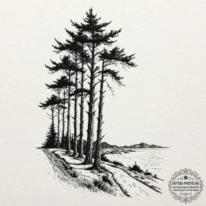 A shot of a line of wind-swept cypress trees... - эскиз тату (№1752141686_0, 10.07.2025 10:01) — tattoo-photo.ru