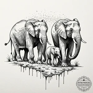 A family of elephants walking in a line towar... - эскиз тату (№1752144362_0, 10.07.2025 10:46) — tattoo-photo.ru