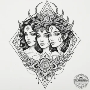 Tattoo sketch gemini figures as ancient shama... - эскиз тату (№1752144864_0, 10.07.2025 10:54) — tattoo-photo.ru