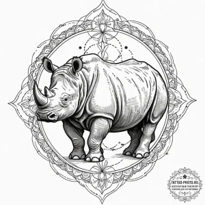 Rhinoceros, ink illustration for tattoo, mute... - эскиз тату (№1752146901_0, 10.07.2025 11:28) — tattoo-photo.ru