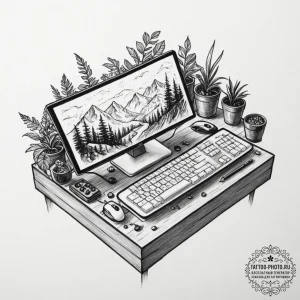 Tattoo sketch a gamer's entire setup from a b... - эскиз тату (№1752147324_0, 10.07.2025 11:35) — tattoo-photo.ru