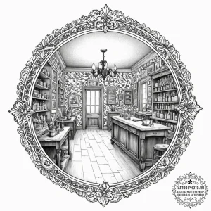 The interior of a small, cluttered antique sh... - эскиз тату (№1752147752_0, 10.07.2025 11:42) — tattoo-photo.ru