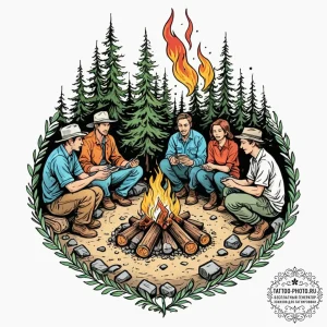 A group of people around a campfire, telling... - эскиз тату (№1752156586_0, 10.07.2025 14:09) — tattoo-photo.ru