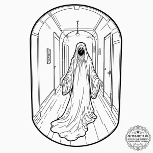 A ghostly apparition in a hallway, tattoo lin... - эскиз тату (№1752157905_0, 10.07.2025 14:31) — tattoo-photo.ru