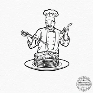 A chef flipping a pancake in a pan., tattoo s... - эскиз тату (№1752162491_0, 10.07.2025 15:48) — tattoo-photo.ru