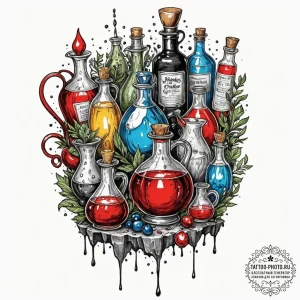Tattoo sketch a stylized potion belt with var... - эскиз тату (№1752166124_0, 10.07.2025 16:48) — tattoo-photo.ru