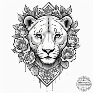 Tattoo design a fierce lioness's face, strong... - эскиз тату (№1752167098_0, 10.07.2025 17:04) — tattoo-photo.ru