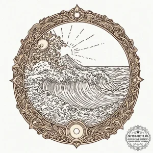 Tattoo design a wave and a sun, representing... - эскиз тату (№1752168040_0, 10.07.2025 17:20) — tattoo-photo.ru