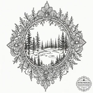 Forest, tattoo drawing outline, muted color p... - эскиз тату (№1752174010_0, 10.07.2025 19:00) — tattoo-photo.ru