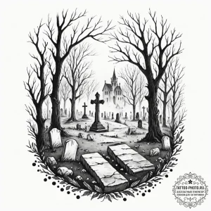 A watercolor sketch of a misty, spooky gravey... - эскиз тату (№1752177132_0, 10.07.2025 19:52) — tattoo-photo.ru