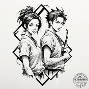 A watercolor sketch of the main characters fr... - эскиз тату (№1752178052_0, 10.07.2025 20:07) — tattoo-photo.ru