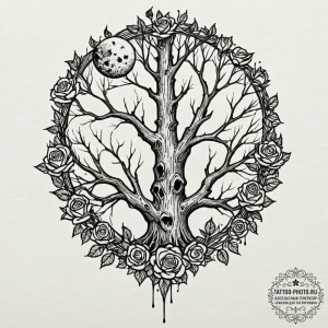A gnarled, dead tree against a full moon, tat... - эскиз тату (№1752187026_0, 10.07.2025 22:37) — tattoo-photo.ru