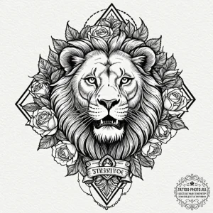 Tattoo sketch a lion's head, serene yet fierc... - эскиз тату (№1752190724_0, 10.07.2025 23:38) — tattoo-photo.ru