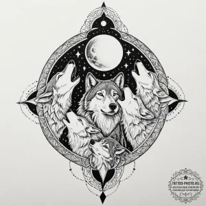 Tattoo design a wolf pack howling together un... - эскиз тату (№1752192490_0, 11.07.2025 00:08) — tattoo-photo.ru