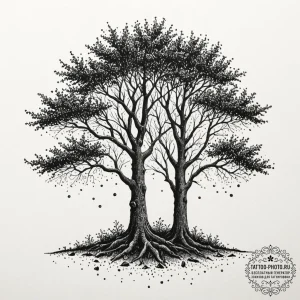 Tattoo sketch two trees whose branches merge... - эскиз тату (№1752194162_0, 11.07.2025 00:36) — tattoo-photo.ru