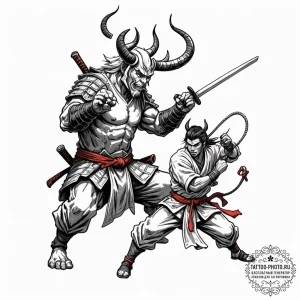 Samurai fighting an oni, ink illustration for... - эскиз тату (№1752194329_0, 11.07.2025 00:38) — tattoo-photo.ru