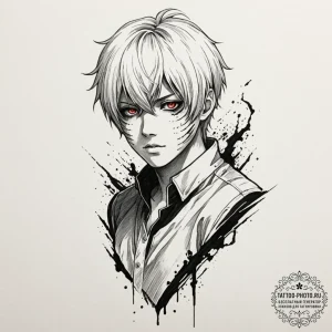 A trash polka composition of ken kaneki from... - эскиз тату (№1752196753_0, 11.07.2025 01:19) — tattoo-photo.ru