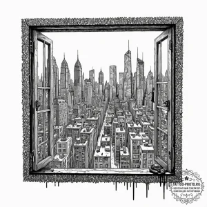 A window looking out onto a cyberpunk city, a... - эскиз тату (№1752197592_0, 11.07.2025 01:33) — tattoo-photo.ru