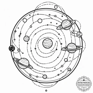 Tattoo design a set of planets in orbit, conn... - эскиз тату (№1752199613_0, 11.07.2025 02:06) — tattoo-photo.ru