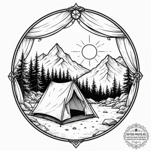 The view from inside a tent, looking out at a... - эскиз тату (№1752200200_0, 11.07.2025 02:16) — tattoo-photo.ru