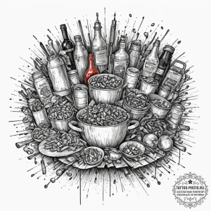 The inside of a bustling, chaotic commercial... - эскиз тату (№1752200624_0, 11.07.2025 02:23) — tattoo-photo.ru