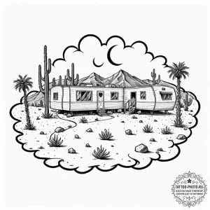 A shot of a mobile home park in the desert.,... - эскиз тату (№1752202143_0, 11.07.2025 02:49) — tattoo-photo.ru