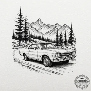 Tattoo design a classic car driving on a road... - эскиз тату (№1752207613_0, 11.07.2025 04:20) — tattoo-photo.ru