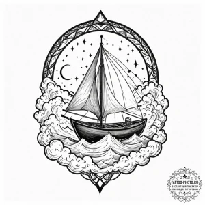 Tattoo design a small boat sailing on a sea o... - эскиз тату (№1752207864_0, 11.07.2025 04:24) — tattoo-photo.ru