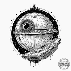 Trash polka tattoo of the millennium falcon e... - эскиз тату (№1752208365_0, 11.07.2025 04:32) — tattoo-photo.ru