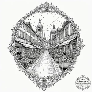 Tattoo design a vibrant market street from a... - эскиз тату (№1752209270_0, 11.07.2025 04:47) — tattoo-photo.ru