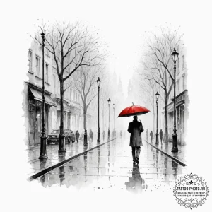 A lone figure with an umbrella walking down a... - эскиз тату (№1752211452_0, 11.07.2025 05:24) — tattoo-photo.ru