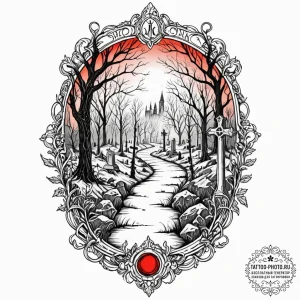 A graveyard scene with fog, tattoo drawing ou... - эскиз тату (№1752213306_0, 11.07.2025 05:55) — tattoo-photo.ru