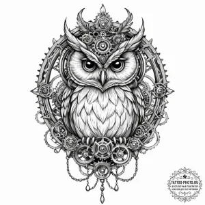 Steampunk owl with gear-feathers, tattoo sket... - эскиз тату (№1752222745_0, 11.07.2025 08:32) — tattoo-photo.ru